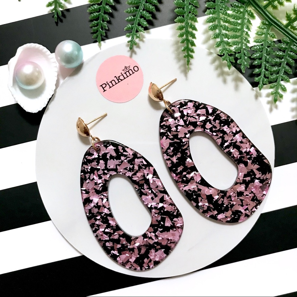 Sparkling Pink Foil Black Acrylic Earrings